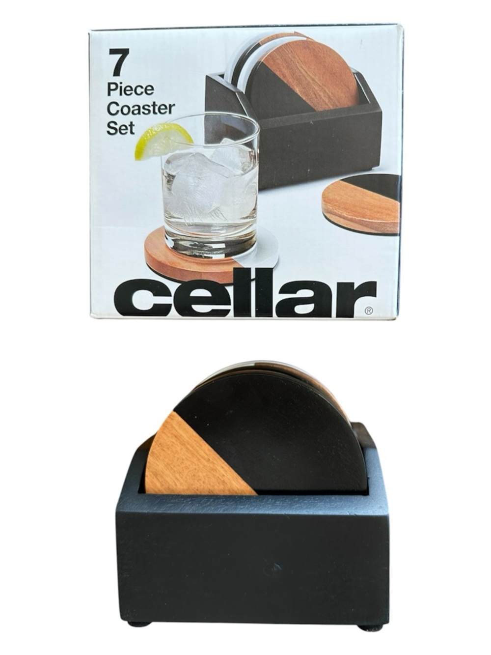 The Cellar 7-Piece Coaster and Holder Set Acacia Wood Black Coasters